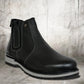 Black Leather Round Toe Mid Top Chelsea Boots