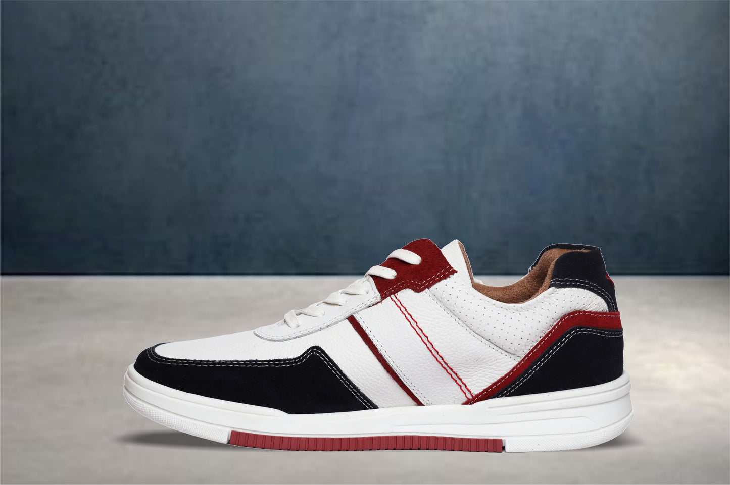 White & Blue leather Lace-up Sneakers for Men