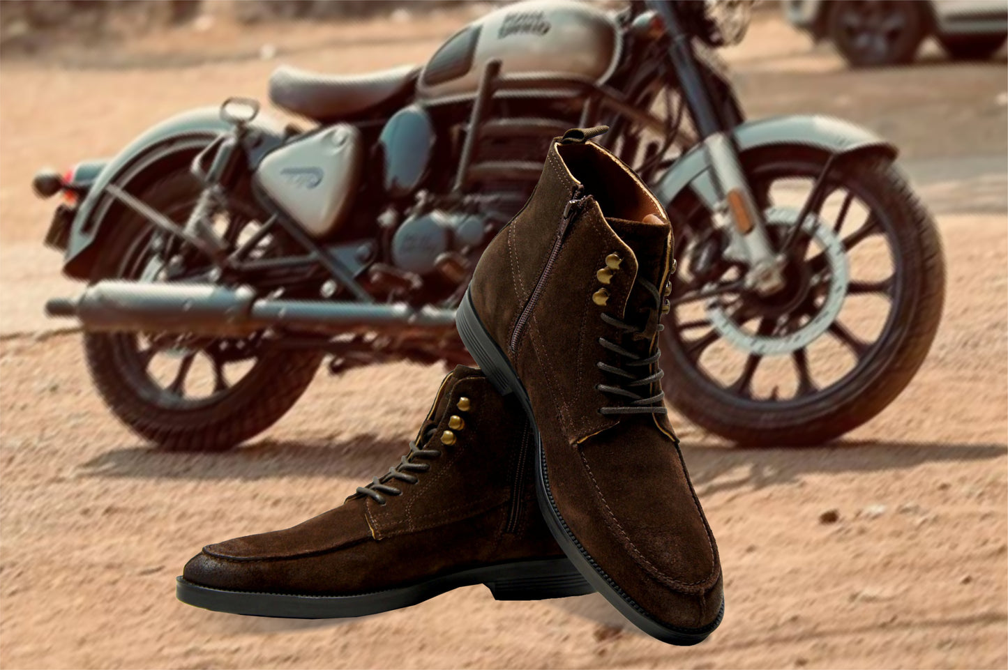 Brown Genuine Suede Leather Biker Boots For Men