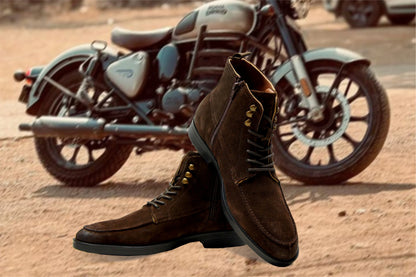 Brown Genuine Suede Leather Biker Boots For Men