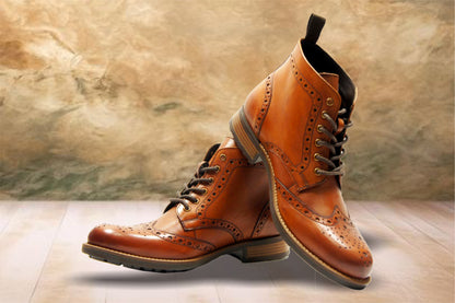 Tan Genuine Leather Men's brogue lace-up boots for Casual Wear