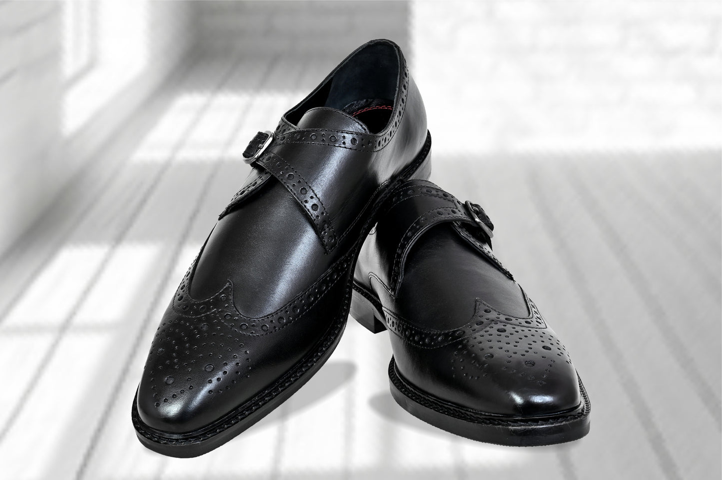 Black Leather Brogues Single Strap Formal Monk Shoes
