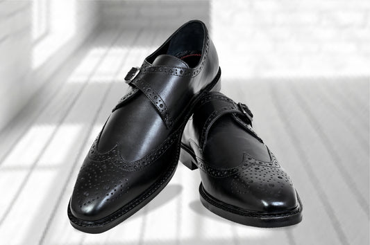 Black Leather Brogues Single Strap Formal Monk Shoes