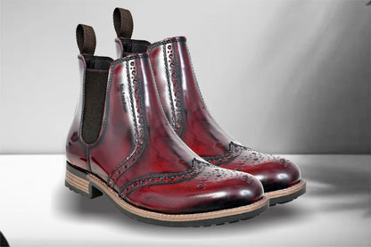 Burgundy Genuine Leather Men's brogue Chelsea Boots For Casual & Party Wear