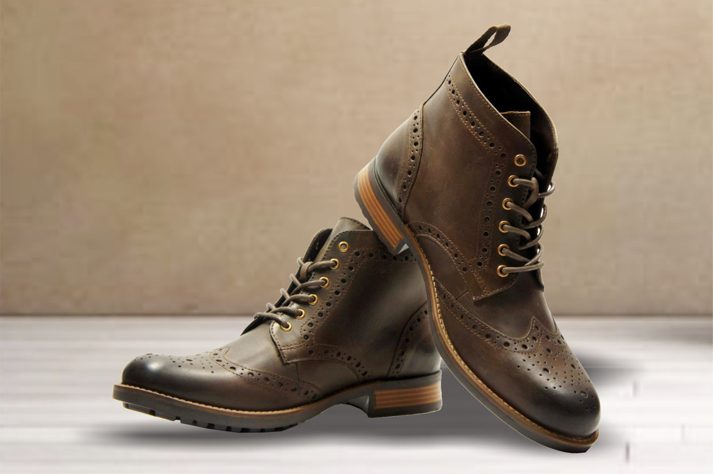 Brown Genuine Leather Men's brogue lace-up boots for Casual Wear