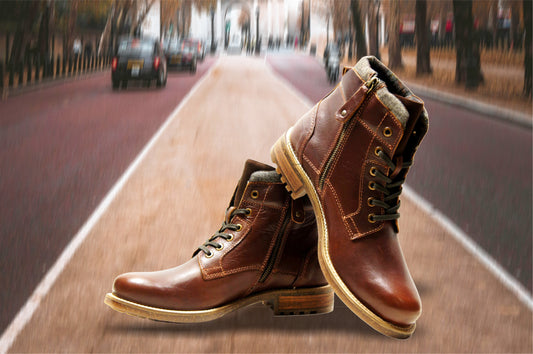Brown Genuine Leather Men's Lace-up Boots For Casual & Party Wear