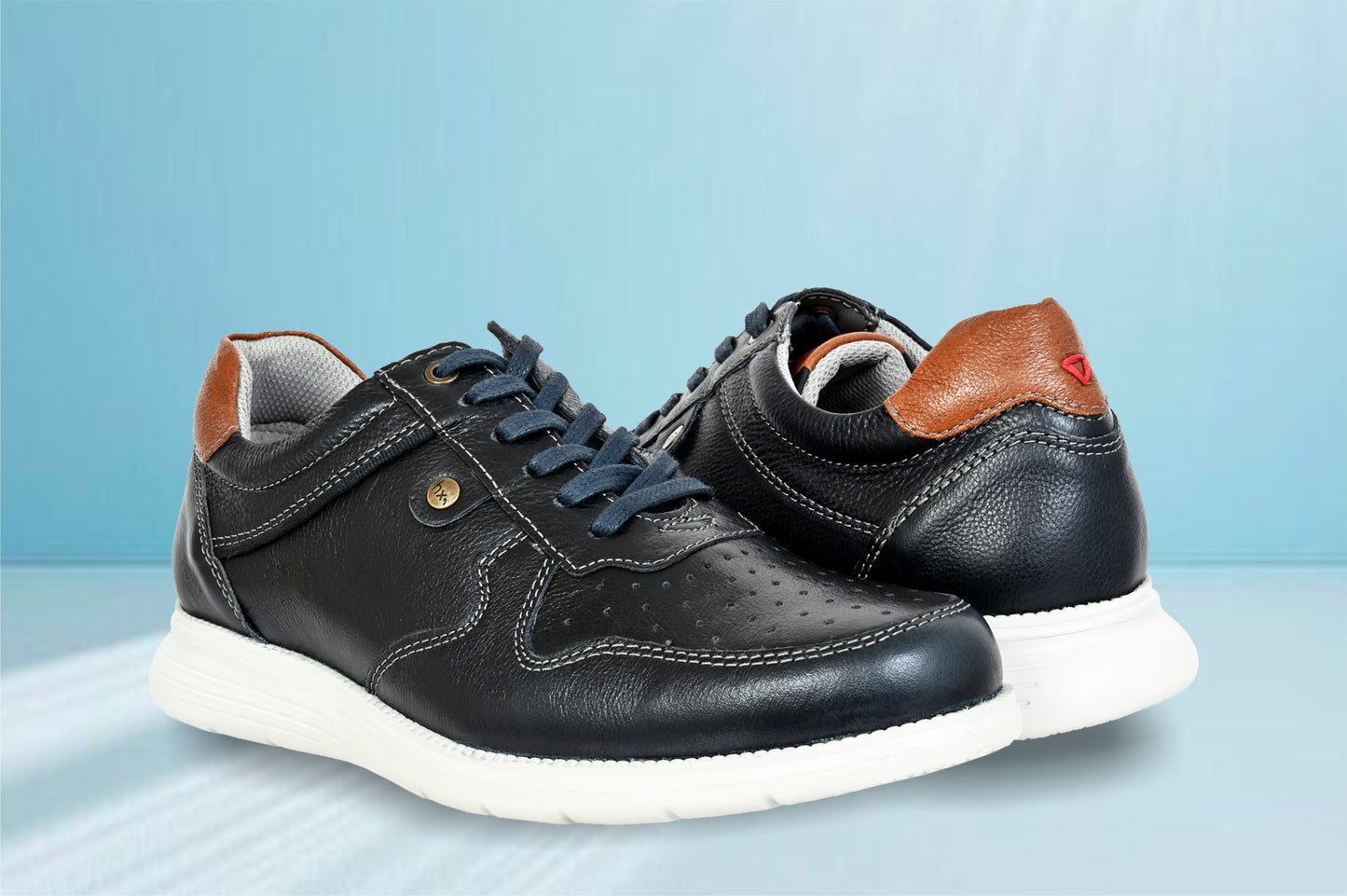 Navy Leather Men Perforations Round Toe Lightweight Sneakers