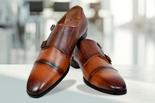 Tan Textured Leather Double Strap Formal Monk Shoes