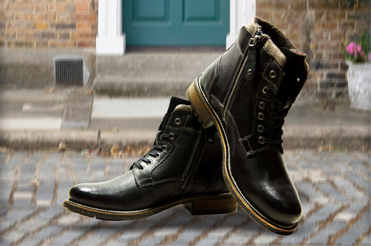 Black Genuine Leather Men's Lace-up Boots For Casual & Party Wear
