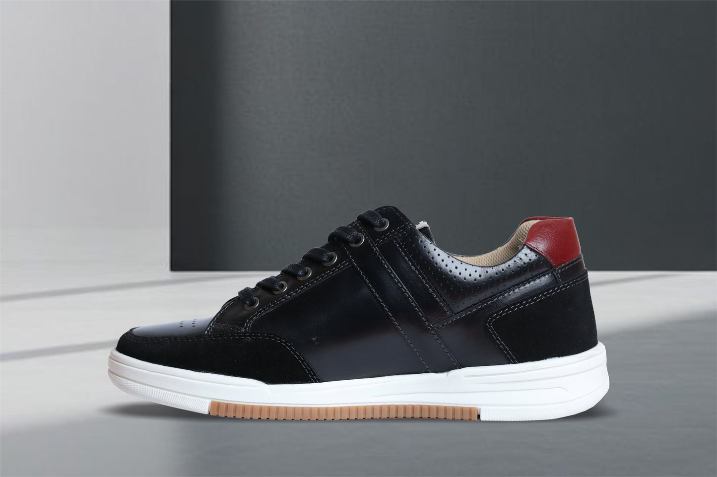 Black & Red leather Lace-up Sneakers for Men