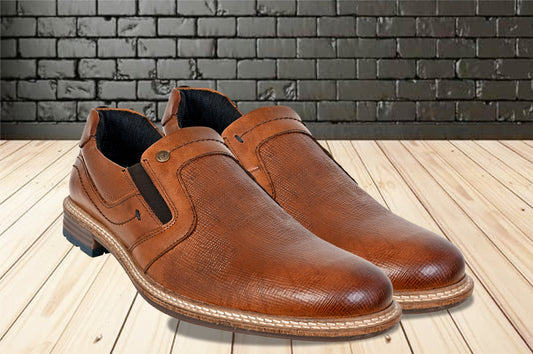 Tan Leather Textured Formal Slip-On Shoes