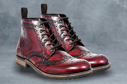 Burgundy Genuine Leather Men's brogue lace-up boots for Casual Wear