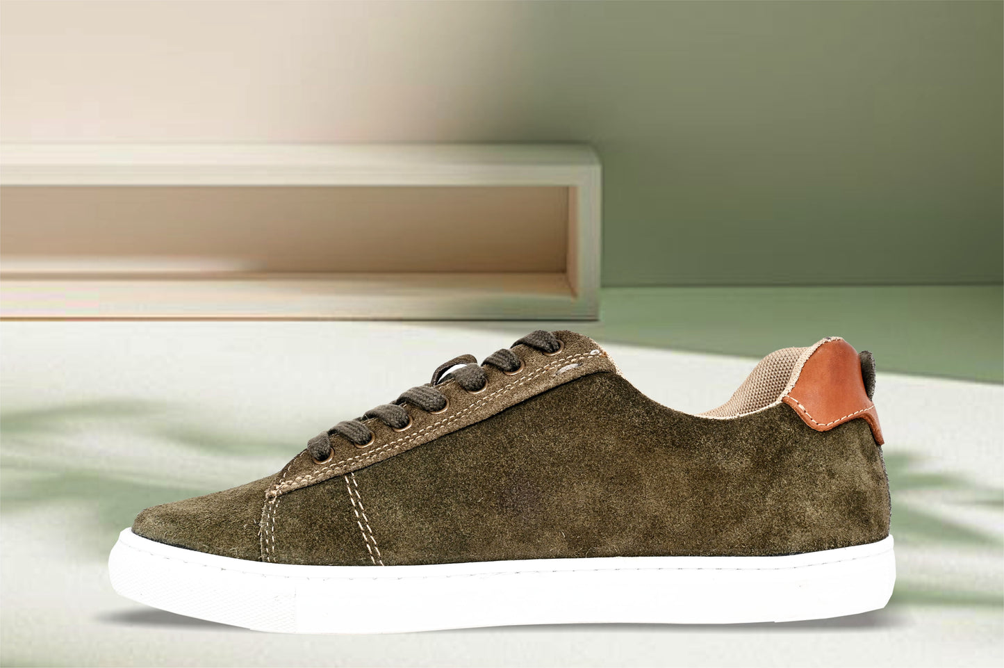 Olive Genuine Suede Leather Formal Lace-Up Sneakers For Men