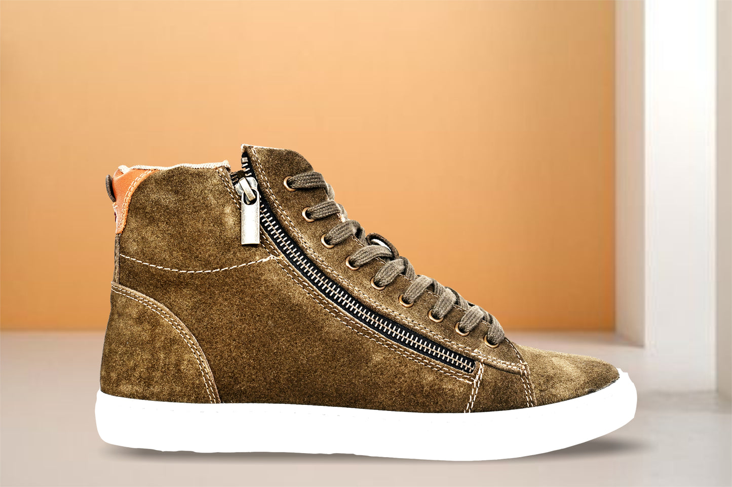 Olive Genuine Suede Leather Ankle Sneakers for Men
