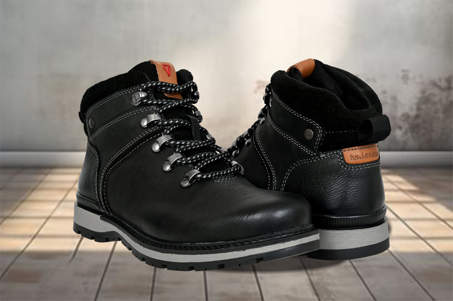 Black Leather Round Toe Mid Top Lace-Up Boots
