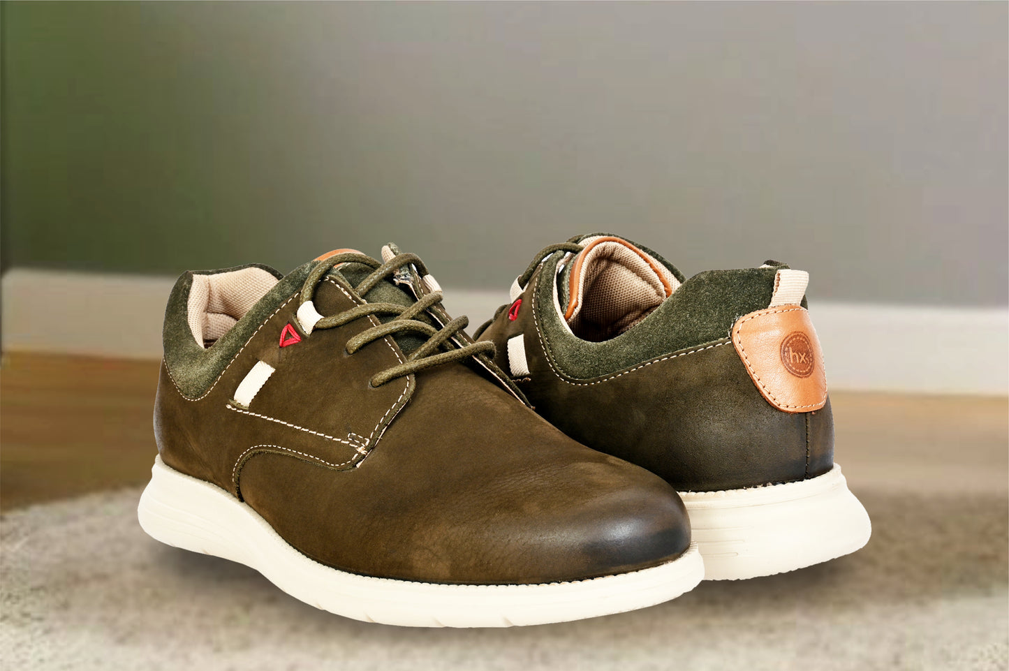 Olive Leather Men Round Toe Lightweight Nubuck Sneakers