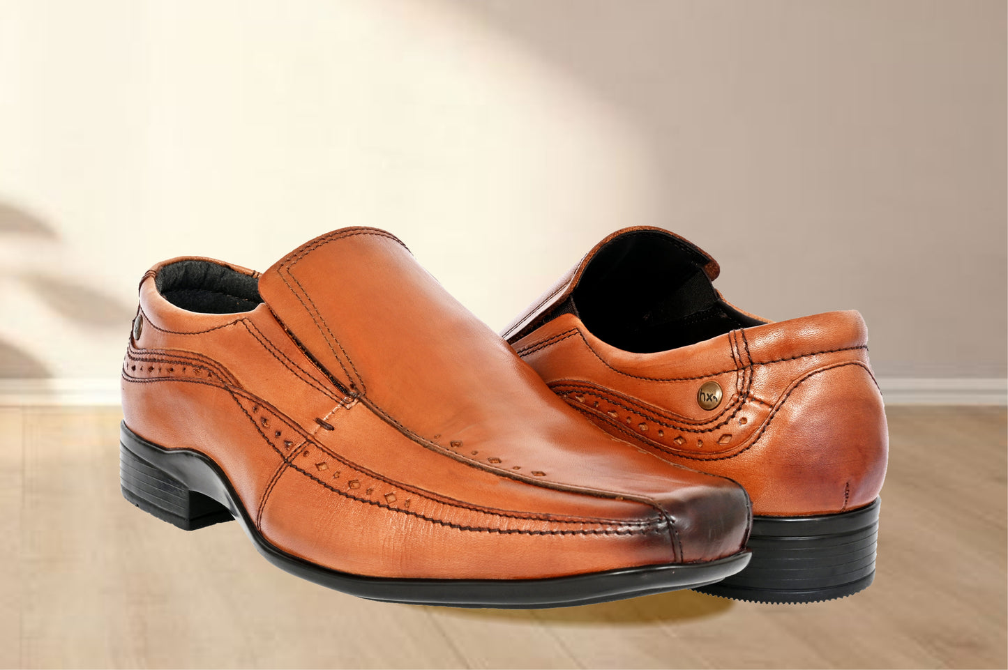 Tan Leather Slip-On Shoes For Men's Formal Pair