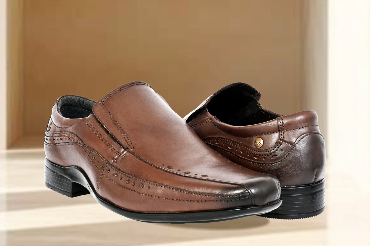 Brown Leather Slip-On Shoes For Men's Formal Pair