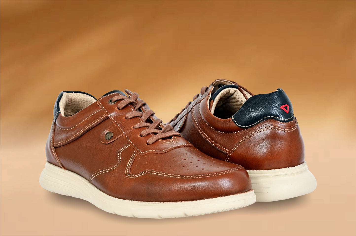 Tan Leather Men Perforations Round Toe Lightweight Sneakers