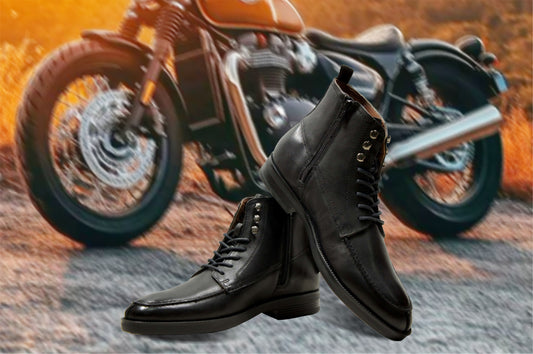 Black Genuine Leather Biker Boots For Men