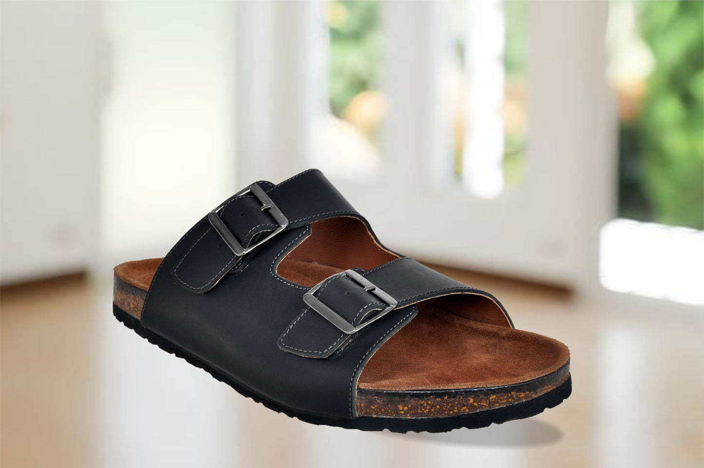 Black Leather Sandal Slip-on Casual Leather Flats For Men