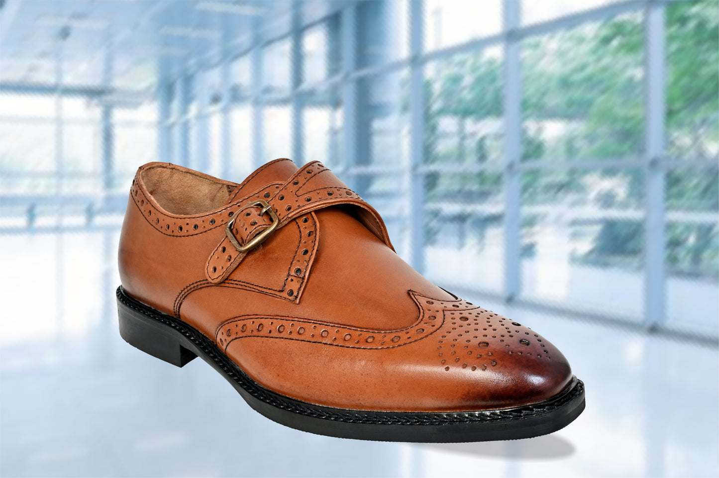 Tan Leather Brogues Single Strap Formal Monk Shoes
