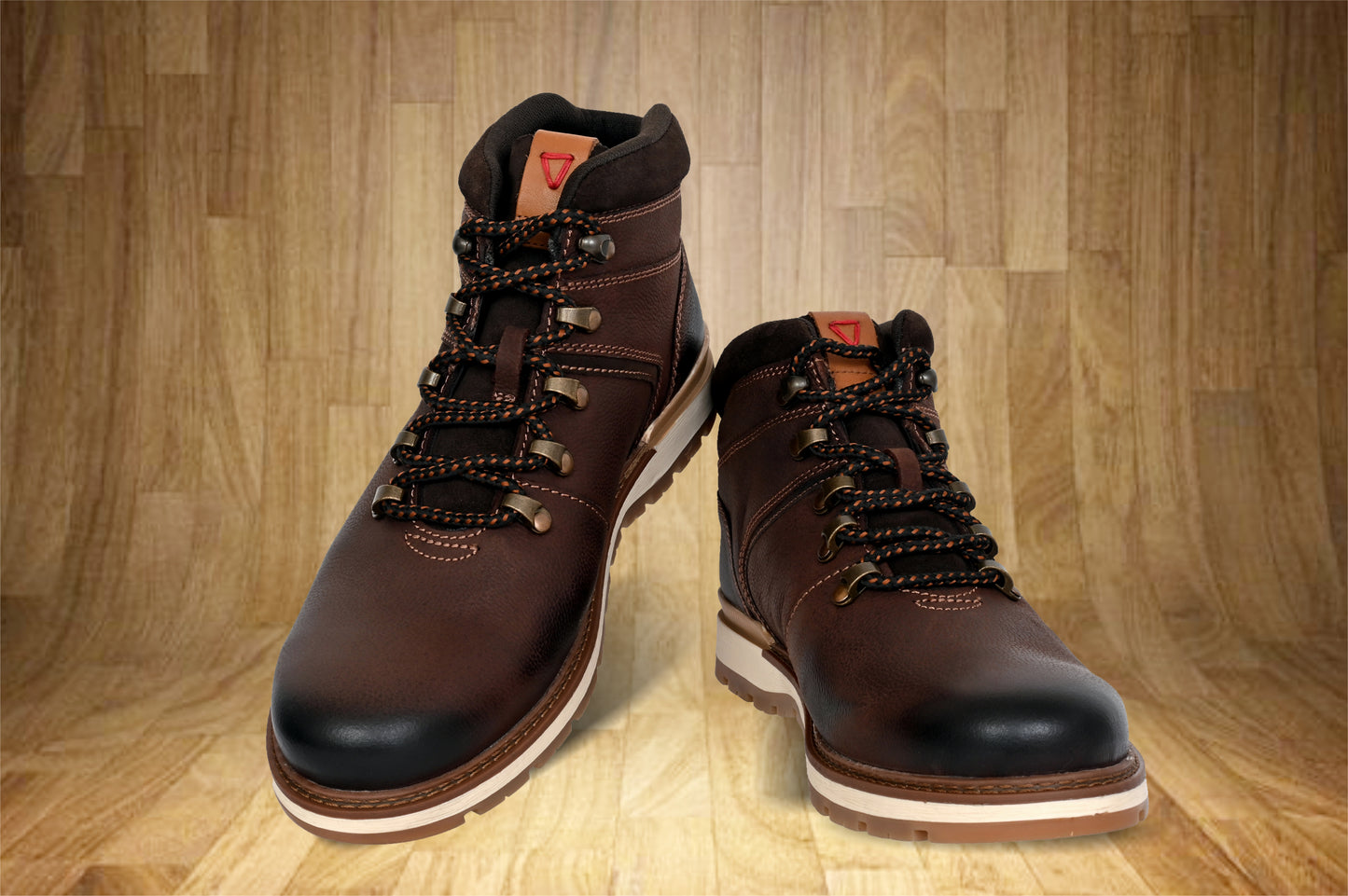 Brown Leather Round Toe Mid Top Lace-Up Boots