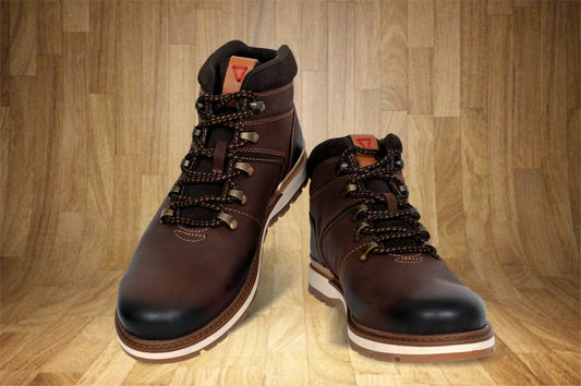 Brown Leather Round Toe Mid Top Lace-Up Boots