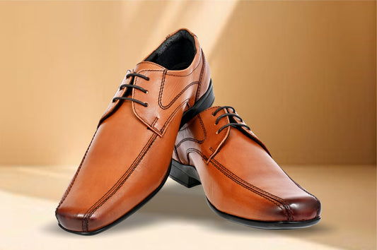 Tan Leather Formal Lace-UP Shoes For Men