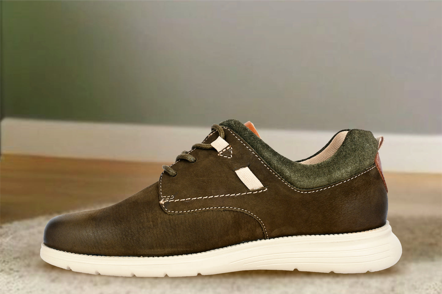 Olive Leather Men Round Toe Lightweight Nubuck Sneakers