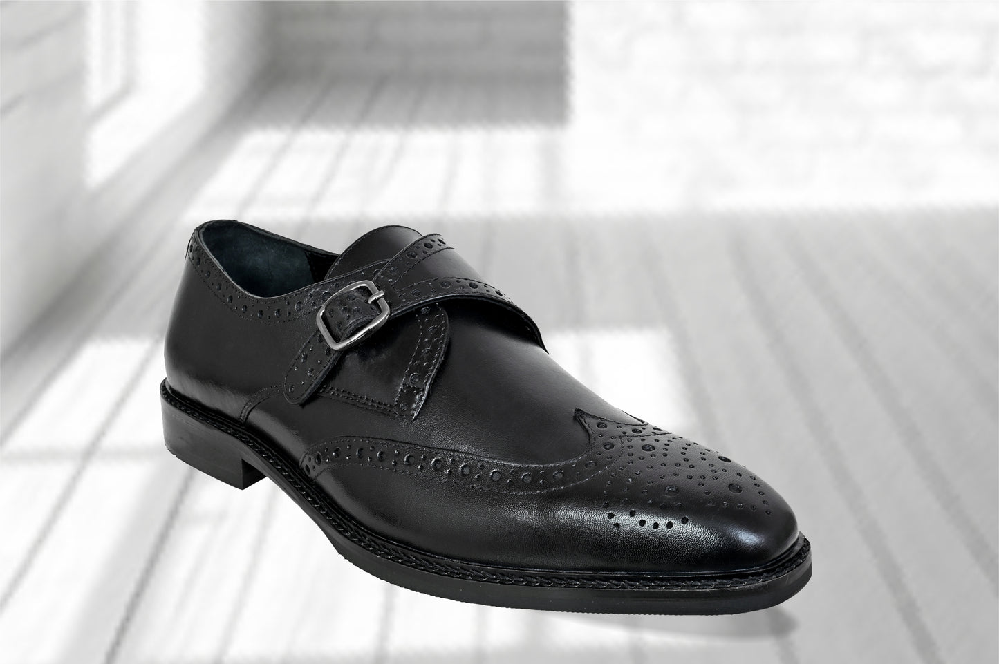 Black Leather Brogues Single Strap Formal Monk Shoes