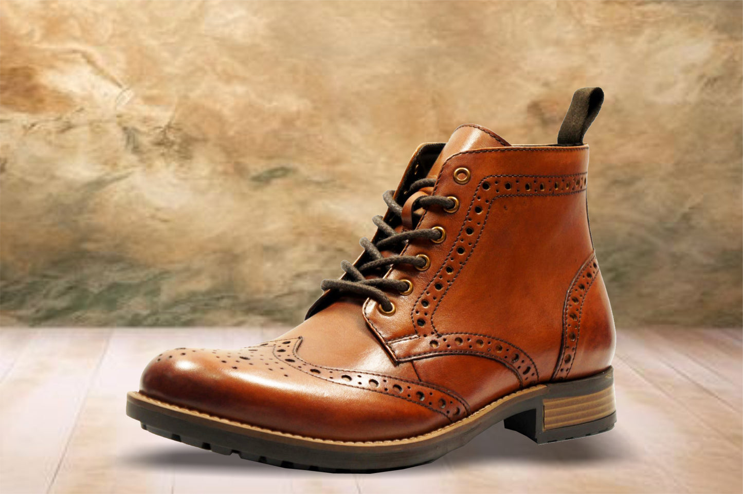 Tan Genuine Leather Men's brogue lace-up boots for Casual Wear