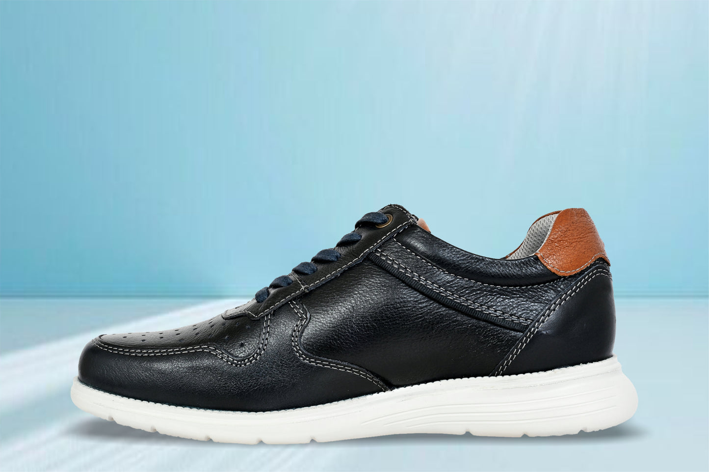 Navy Leather Men Perforations Round Toe Lightweight Sneakers