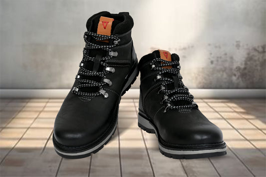 Black Leather Round Toe Mid Top Lace-Up Boots