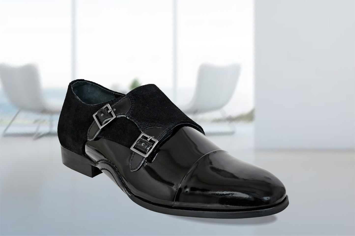 Black Patent Leather Double Strap Formal Monk Shoes