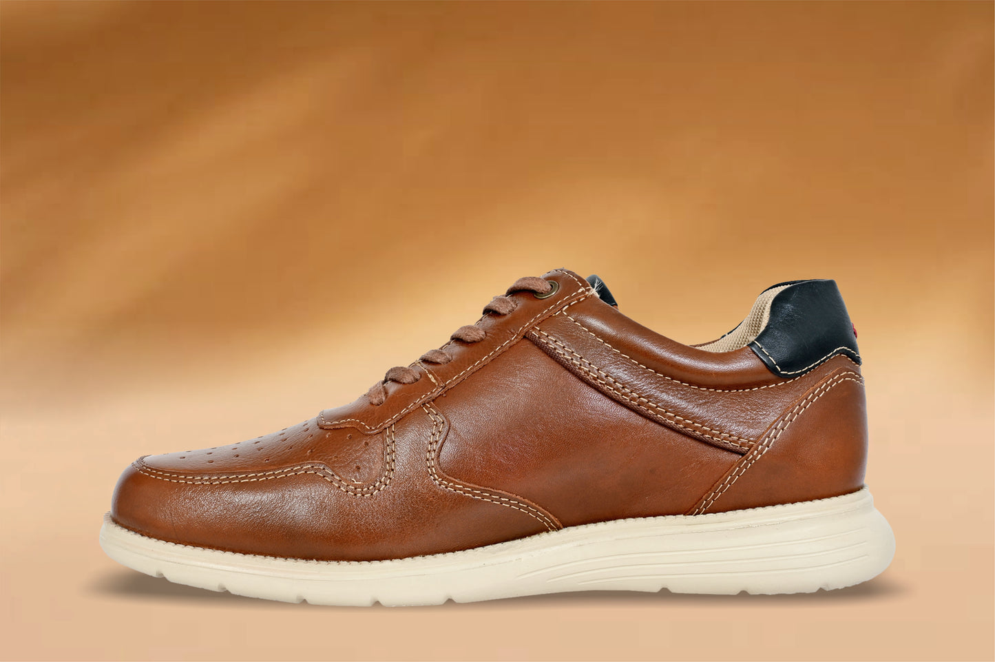 Tan Leather Men Perforations Round Toe Lightweight Sneakers