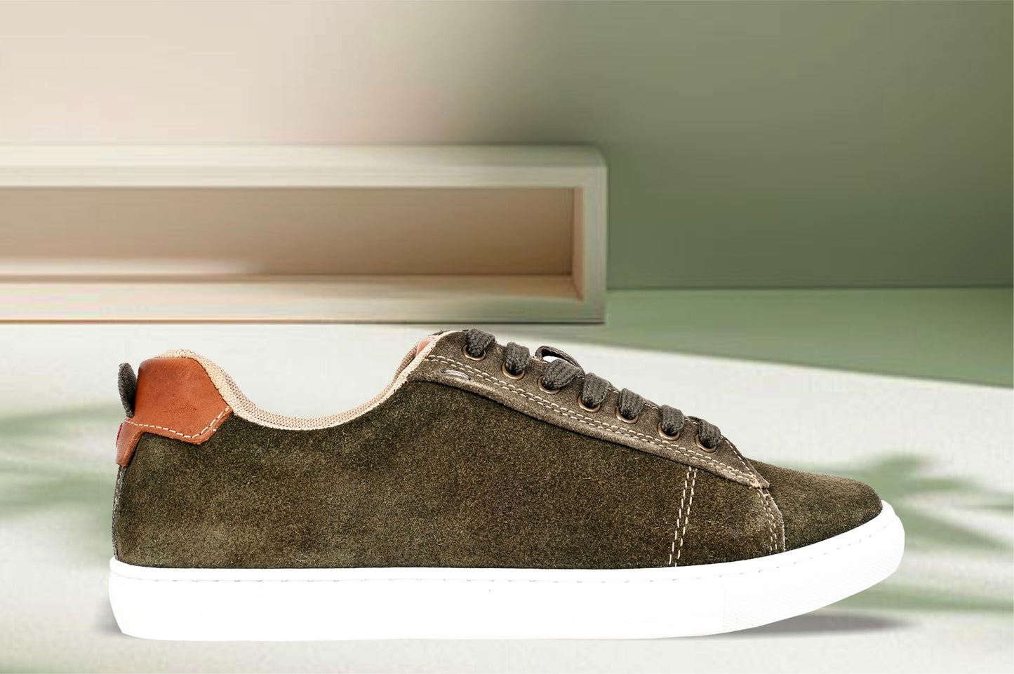 Olive Genuine Suede Leather Formal Lace-Up Sneakers For Men