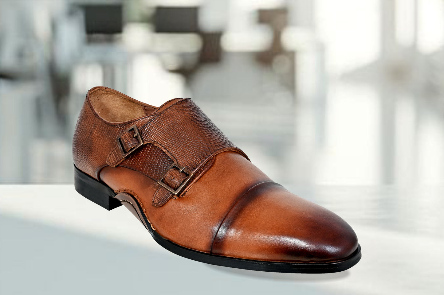 Tan Textured Leather Double Strap Formal Monk Shoes