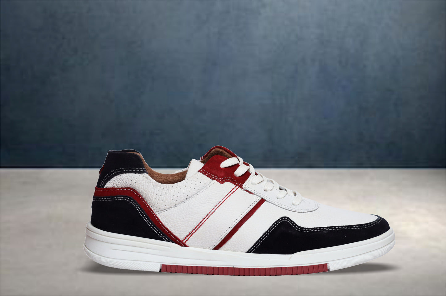 White & Blue leather Lace-up Sneakers for Men