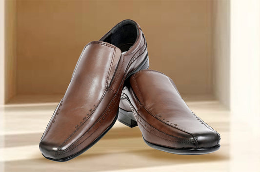 Brown Leather Slip-On Shoes For Men's Formal Pair