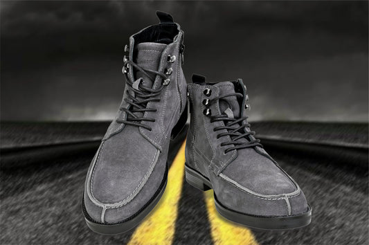 Grey Genuine Suede Leather Biker Boots For Men