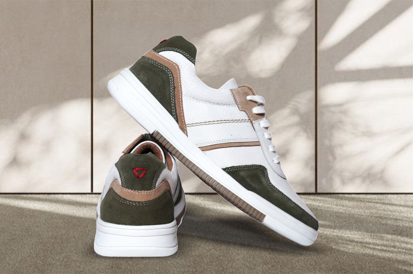 White & Olive leather Lace-up Sneakers for Men