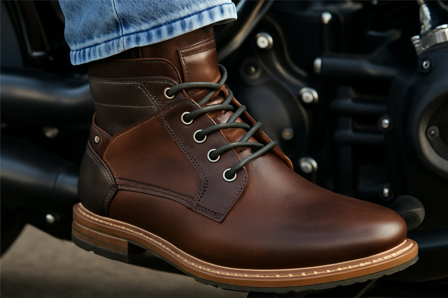 Brown Leather Textured Mid Top Biker Boots