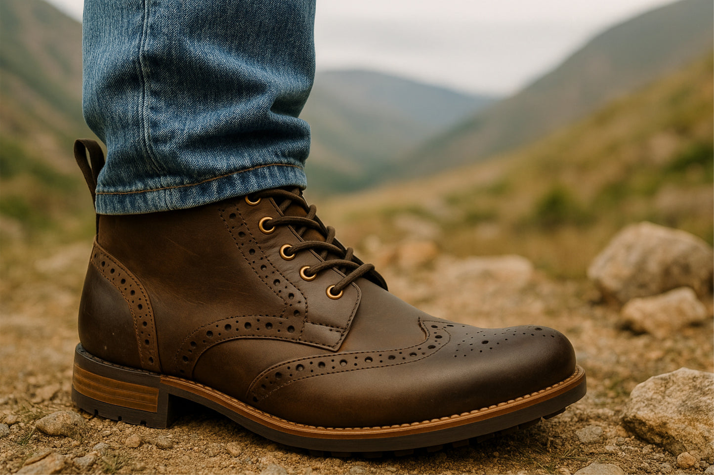 Brown Genuine Leather Men's brogue lace-up boots for Casual Wear