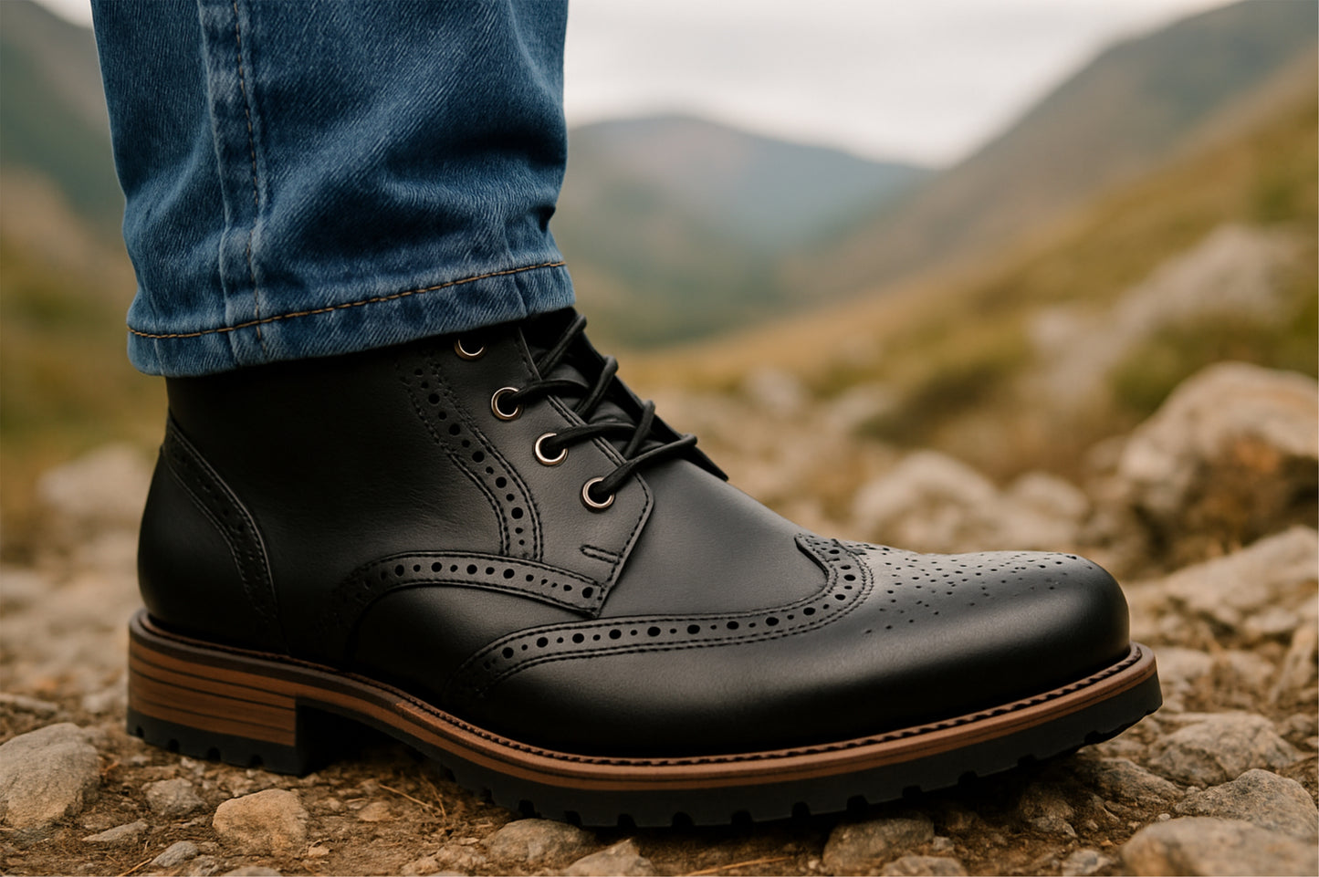 Black Genuine Leather Men's brogue lace-up boots for Casual Wear