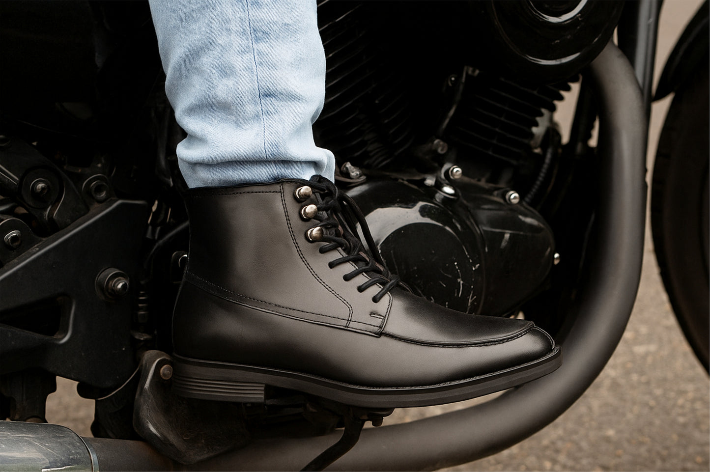 Black Genuine Leather Biker Boots For Men