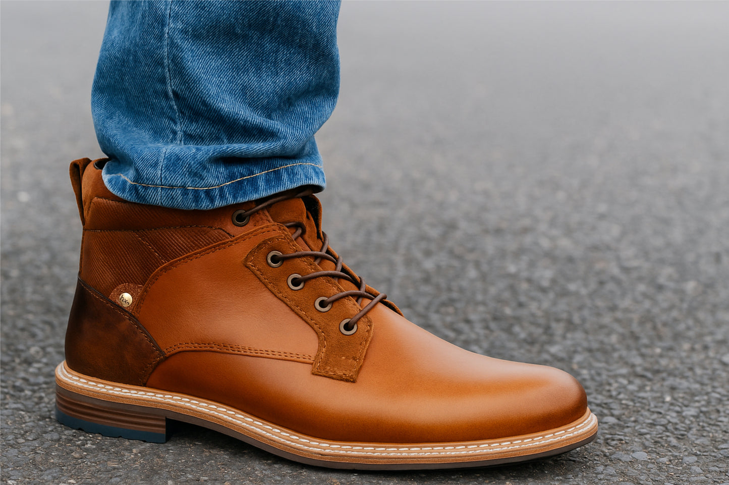 Tan Leather Textured Mid Top Biker Boots