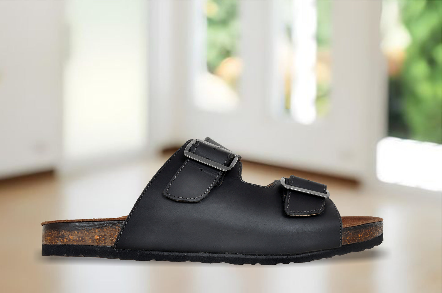 Black Leather Sandal Slip-on Casual Leather Flats For Men