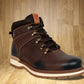 Brown Leather Round Toe Mid Top Lace-Up Boots
