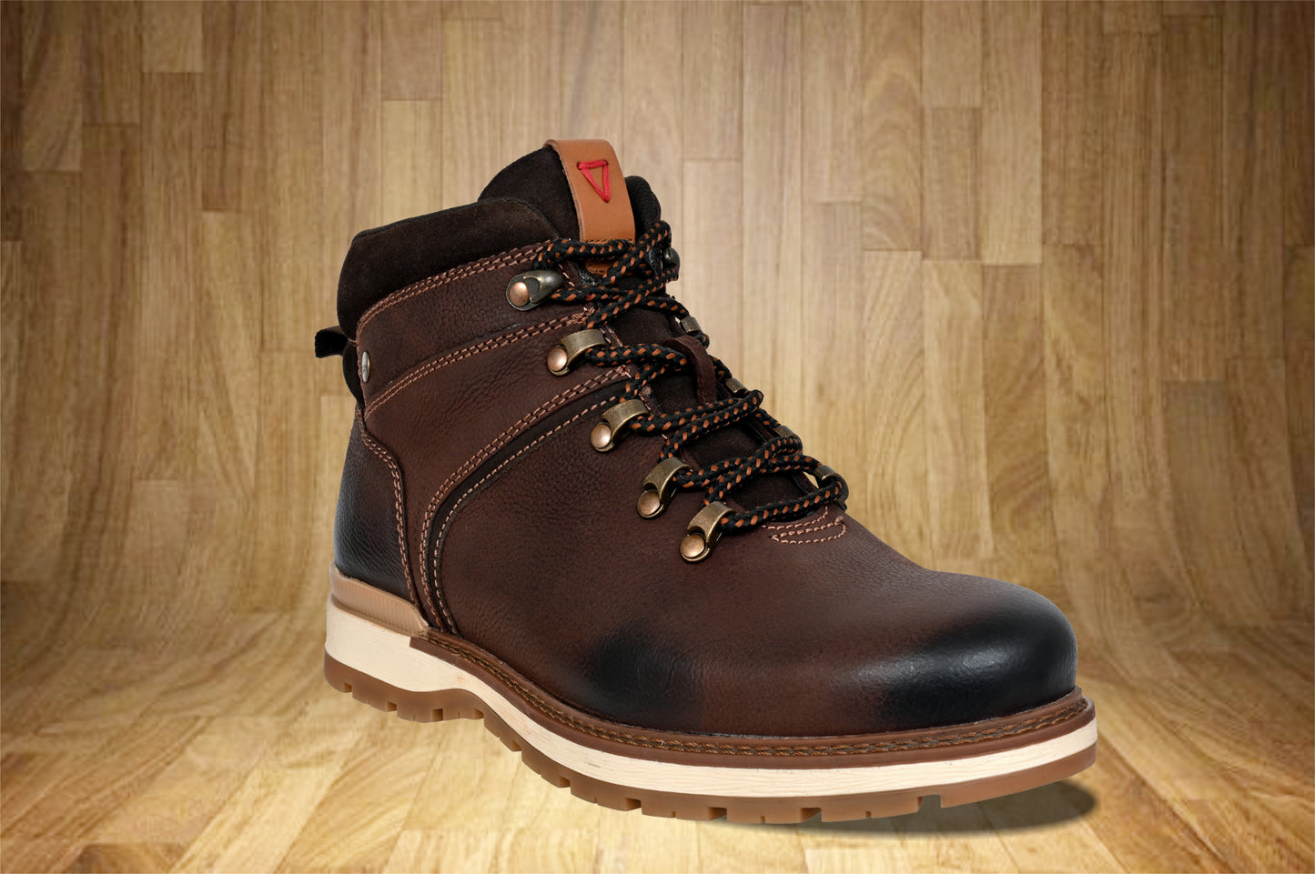 Brown Leather Round Toe Mid Top Lace-Up Boots